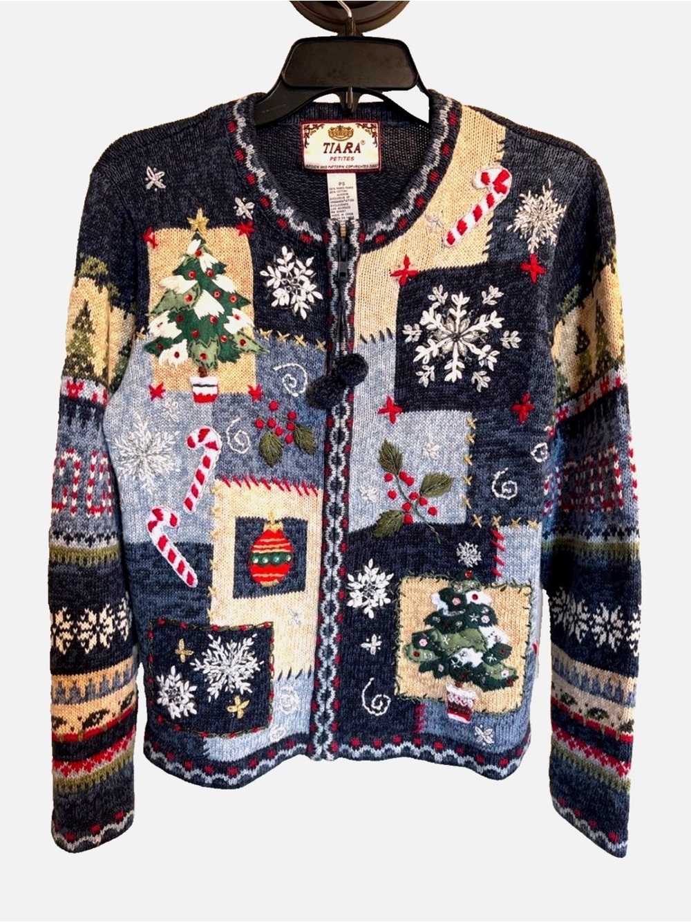 Tiara Petites 2002 Y2K Christmas Cardigan Sweater PS Patchwork Embellished